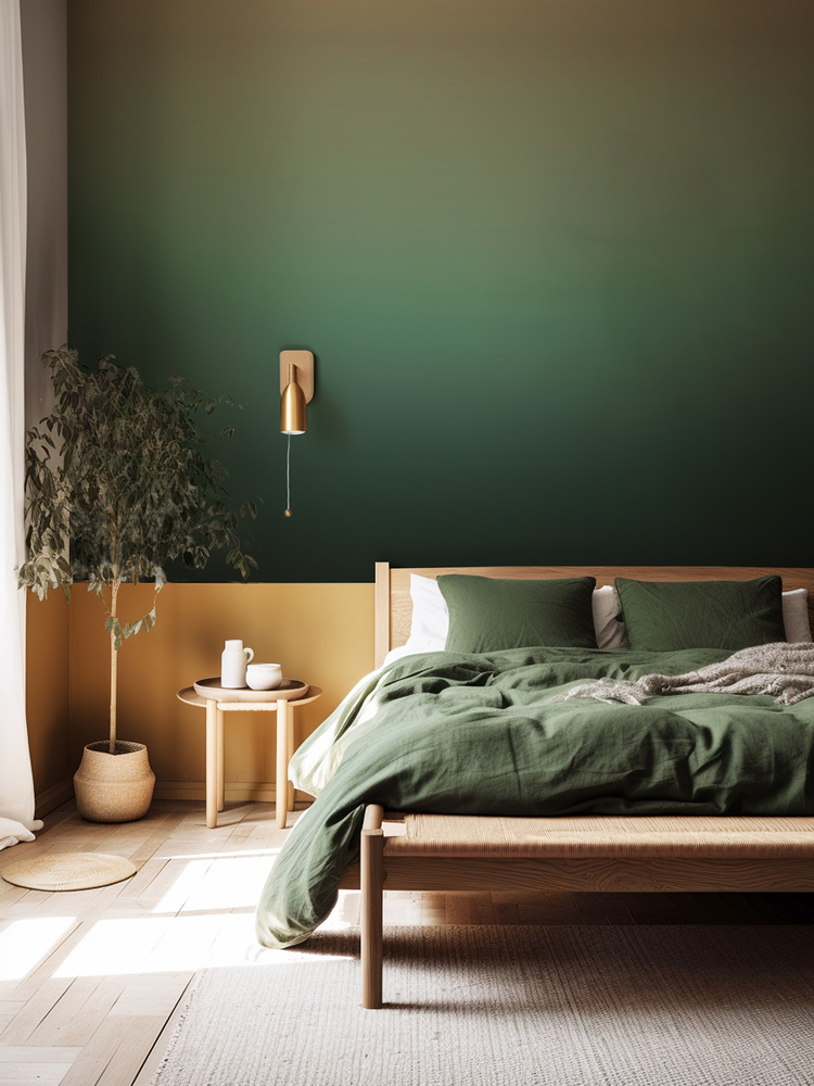 Seamless wallpaper Love Your Wall. Ombre Shonya is a gradient wallpaper in which green colors and their shades interpenetrate harmoniously, creating a depth effect.