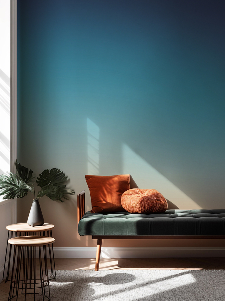 Seamless wallpaper Love Your Wall. Ombre Oslo is a gradient wallpaper in which orange and turquoise colors and their shades interpenetrate harmoniously, creating a depth effect.