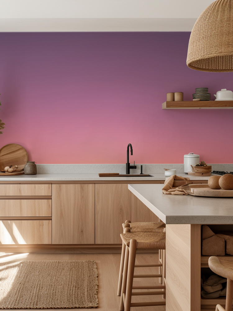Seamless wallpaper Love Your Wall. Ombre Arica is a gradient wallpaper in which violet, pink and orange colors and their shades interpenetrate harmoniously, creating a depth effect.